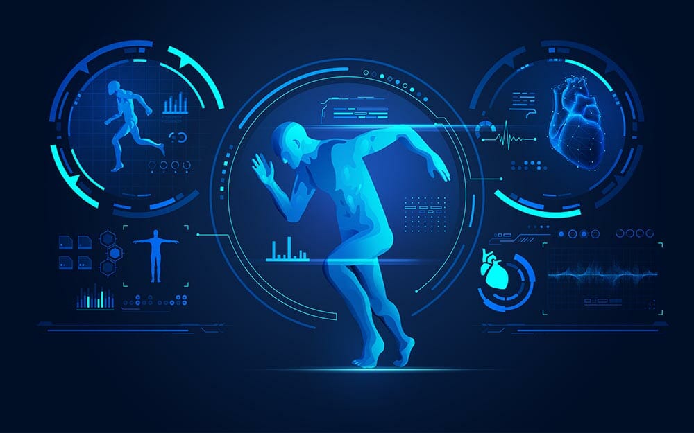 Concept,Of,Sport,Science,Technology,,Running,Man,With,Medical,Analysis